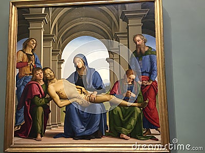 PietÃ  is a painting by the Italian Renaissance artist Pietro Perugino housed in the Uffizi Gallery, Florence. Editorial Stock Photo